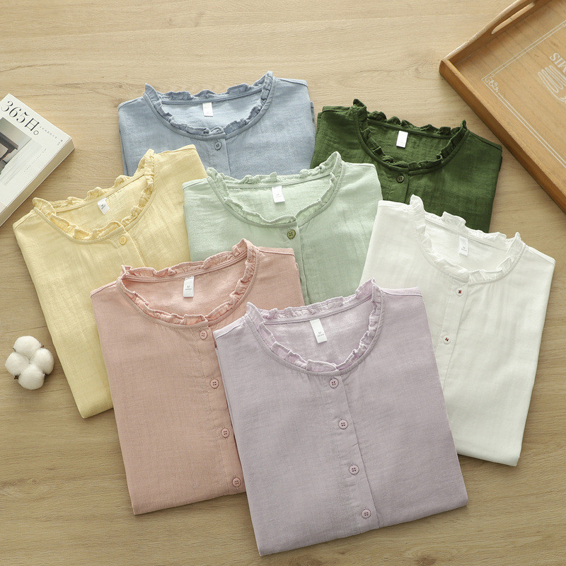 Áo sơ mi nữ cotton cao cấp cổ đứng ren tay ngắn màu trơn