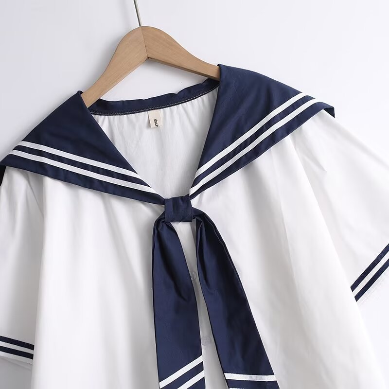 Áo sơ mi nữ Cotton Hàn Quốc, Dây buộc hải quân, Tay ngắn dáng rộng cho học sinh