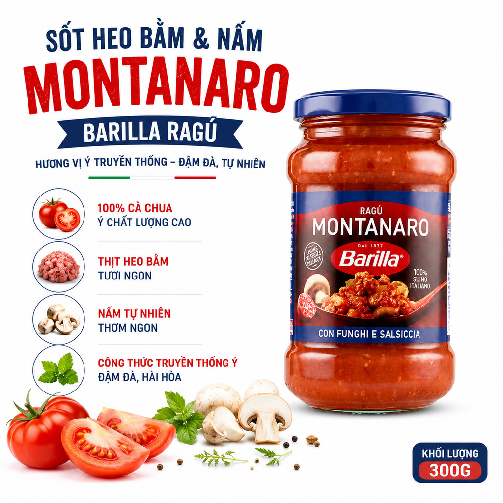Sốt Heo Bằm Và Nấm Barilla Ragu Montanaro 300g Thơm Ngon, Tiết Kiệm Thời Gian Chế Biến