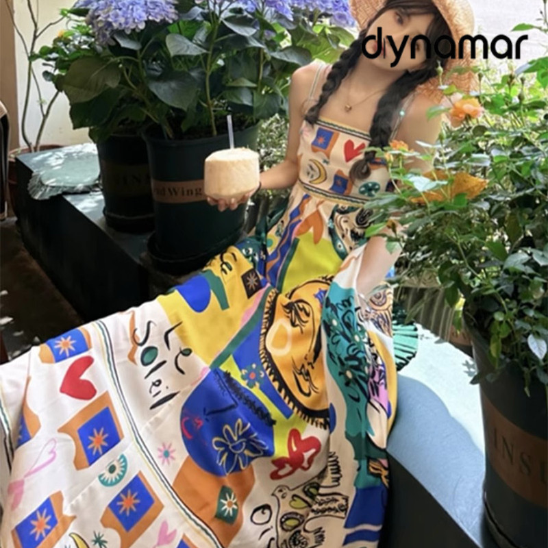 【dynamar】Váy liền thân Đầm in họa tiết graffiti gợi cảm dành cho nữ, đầm yếm không tay, đầm xòe rộng