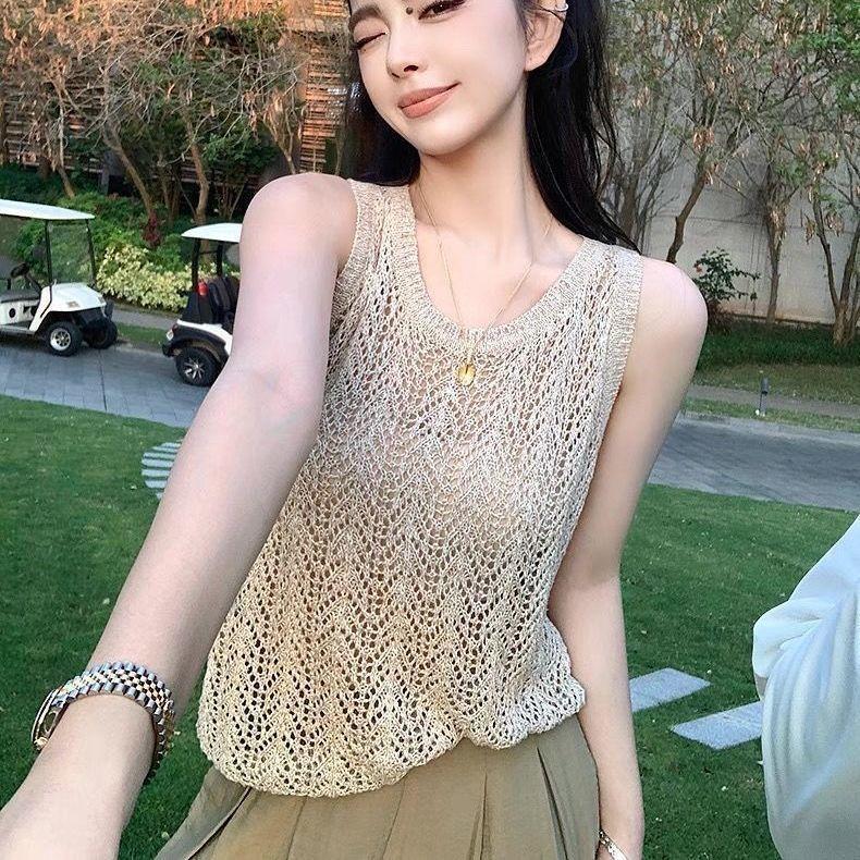 [Giảm giá trong thời gian có hạn] Áo Vest dệt kim rỗng không tay, Thiết kế lưới thoáng khí, Trà sữa mơ dáng rộng, Phong cách cô gái phong cách mới mùa hè 2026