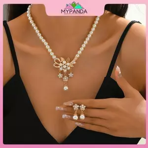 MYPANDA 1 Bộ Nữ Nelace Đính Hạt Bóng Ngọc Trai Giả Kim Cương Giả Nhúng Hoa Cô Dâu Nelace Bông Tai Bộ.