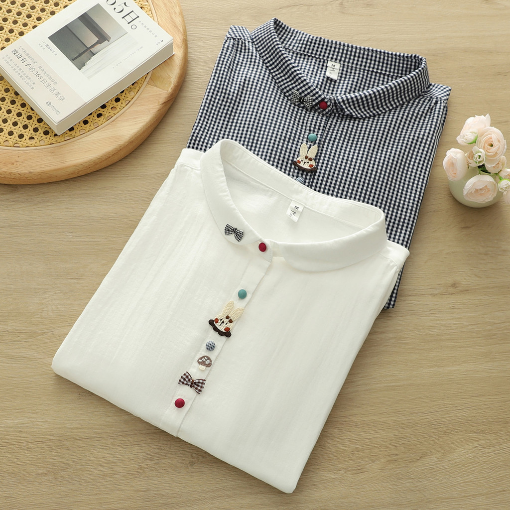 Áo sơ mi nữ cotton mềm tay lỡ, trang trí nổi 3D, phong cách trẻ trung