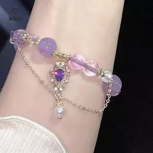 Vòng tay đính cườm pha lê thủy tinh màu tím, phong cách Trung Quốc nhẹ nhàng, sang trọng dành cho nữ