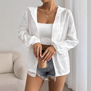 Áo khoác mỏng màu trắng cho nữ, có dây kéo và mũ trùm đầu, chống nắng hiệu quả