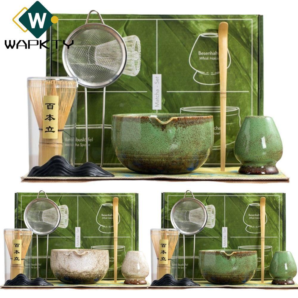 Bộ trà Matcha WAPKTY 7 CÁI, Máy đánh trứng Matcha Nhật Bản có thể tái sử dụng bằng gốm tre, Bộ trà thìa cà phê truyền thống Dụng cụ làm trà