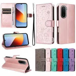 YJD Ốp Lưng Cho Redmi A7 Pro Dập Nổi Mèo Và Ong Da Khe Cắm Thẻ Dây Đeo Tay Chống Rơi Vỏ Điện Thoại