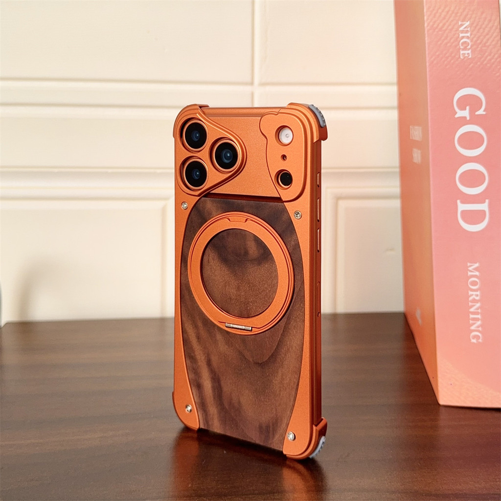 Vỏ điện thoại nhôm kim loại bằng gỗ óc chó cho iPhone 17 16 15 14 Pro 17 Pro Max Giá đỡ từ tính Vỏ bảo vệ chống rơi chống sốc