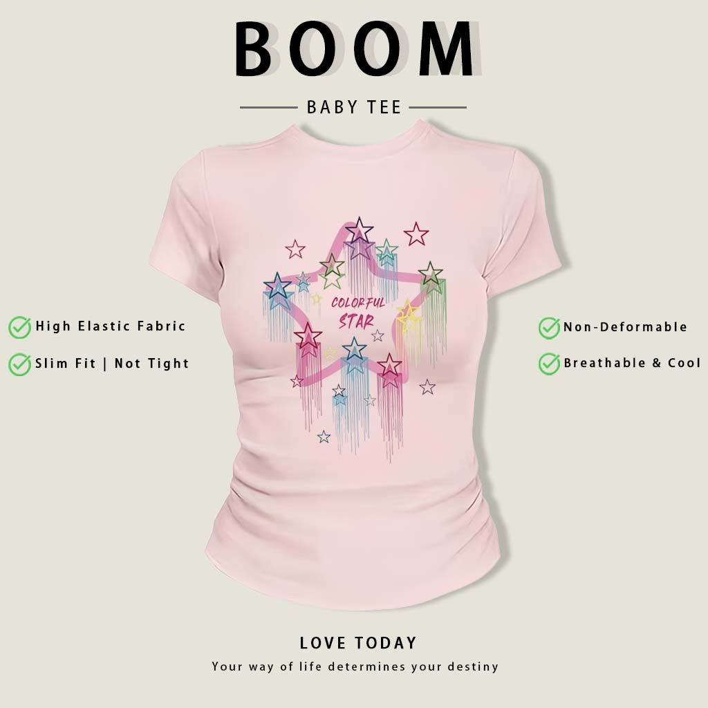 BOOM Áo Baby Tee Nữ Cotton Ôm Body-Áo Thun Ngắn Tay Y2K In Hình PhongCách Mùa Hè, Cổ Tròn Hàng Đầucách hàn quốc phongE70