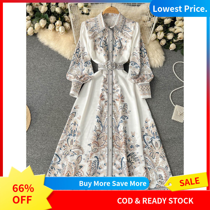 Đầm dài tay áo lồng phong cách cung đình cổ bẻ in họa tiết thắt lưng cinching phù hợp mùa xuân  hạ