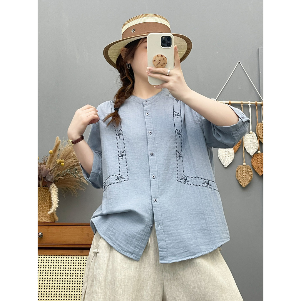 Áo sơ mi nữ Mori phong cách dân tộc, thêu tay ngắn, sợi cotton cao cấp