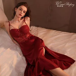 Pháp Satin Cao Cấp Nhà Váy Ngủ Gợi Cảm Suspender Váy Dài Nữ Khe Ren Váy Ngủ