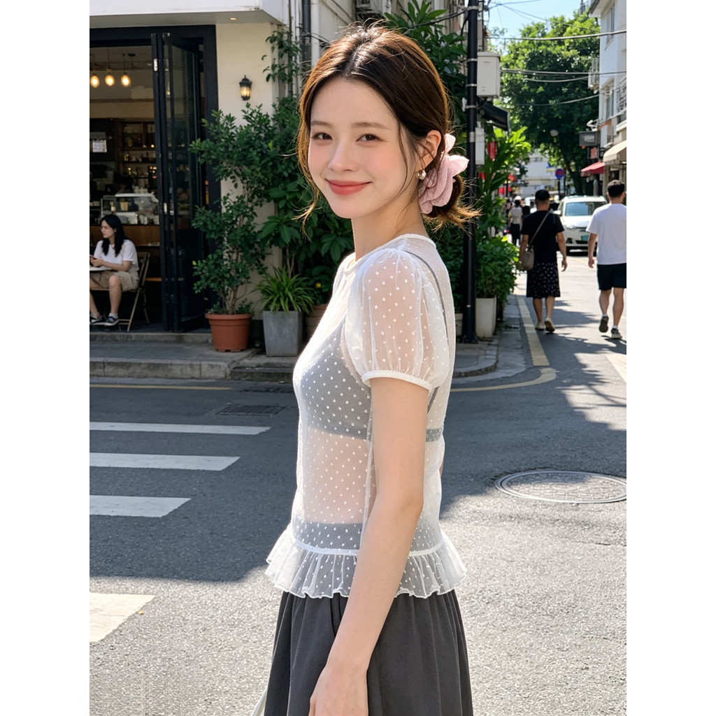 Milyfashion Áo Thun Mùa Hè Cổ Tròn Họa Tiết Chấm Bi, Tay Phồng