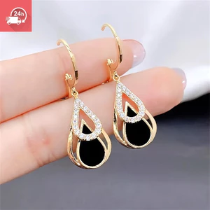 Phong cách Hàn Quốc - Bông Tai Hình Giọt Nước Màu Đen Có Đính Kim Cương Giả, Cá Tính