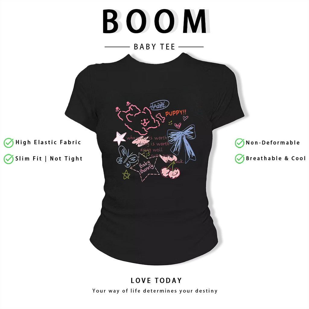 BOOM Áo Baby Tee Nữ Cotton Ôm Body-Áo Thun Ngắn Tay Y2K In Hình PhongCách Mùa Hè, Cổ Tròn Hàng Đầucách hàn quốc phongR38