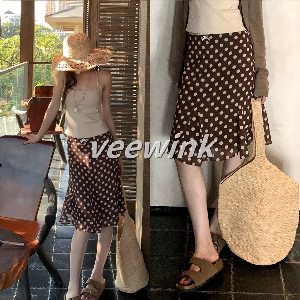 Veewink skirt Váy Nữ Cạp Cao|Chân Váy Xếp Đuôi Cá+Váy Ngắn Chữ A|Họa Tiết Chấm Bi Nâu, Ôm Eo Thon Gọn