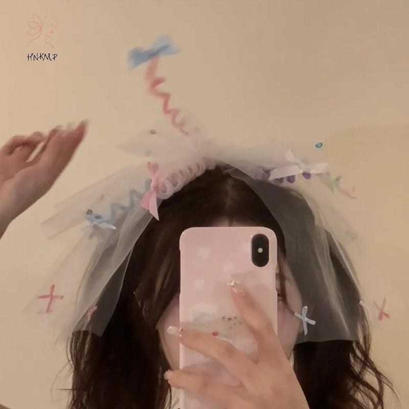 HNKMP Dễ Thương Vui Nhộn Phóng Đại Viền Nơ Kim Cương Giả Xoắn Sti Lưới Trắng Veil Mùa Xuân Kẹp Cho Bé Gái Tiệc Halloween Phụ Kiện Tóc.