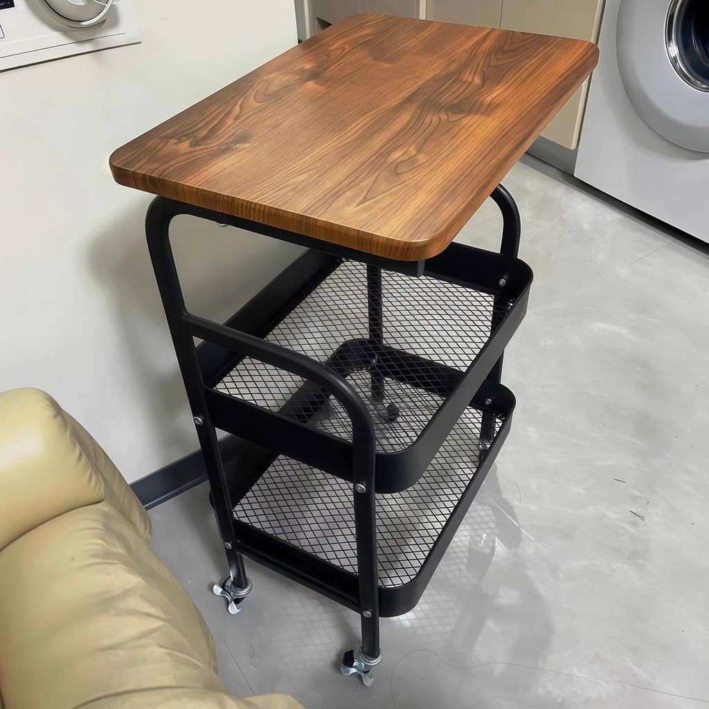 Xe đẩy, Kệ để đồ đa năng bằng kim loại thép carbon có giỏ 3 tầng kèm bánh xe chắc chắn mặt gỗ xịn