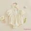 Bộ đồ liền thân cho bé gái sơ sinh Puff tay ngắn Ruffle Trim Trang trí áo liền quần họa tiết Jacquard với bộ băng đô