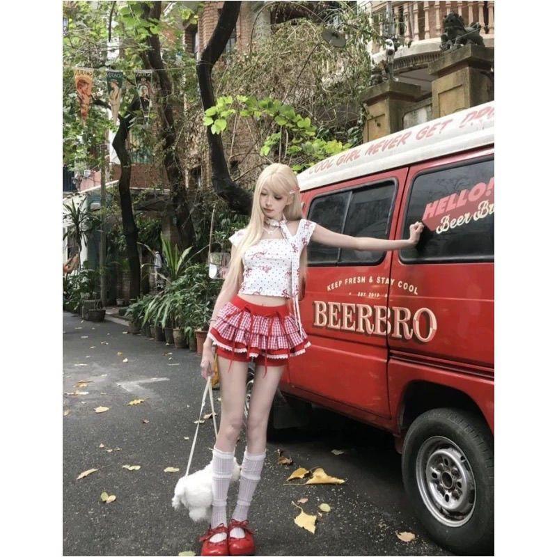 [Hàng mới về hôm nay] Pure Desire Sweet Hot Girl Suit Nữ Mùa Hè Trắng Hoa Tay Ngắn Mặc Váy Bánh Ren Bộ Đồ Hai Mảnh