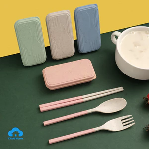 🌤️COD🌤️Bộ 3 Món thìa đũa dĩa Bộ đồ ăn bằng nhựa rơm lúa mì an toàn cho sức khỏe Bộ đồ ăn di động lúa mì