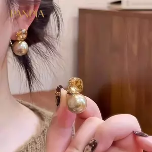 PNPIA- Bông tai ngọc trai vuông màu sâm panh sang trọng dành cho nữ Bông tai phong cách hai mảnh cá tính Quà tặng trang sức thời trang