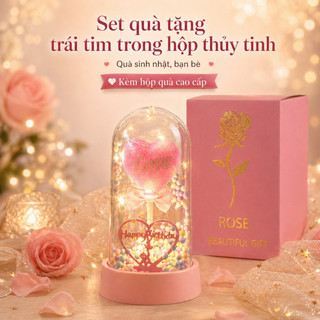 Hộp quà hoa bất tử – Trái tim, hoa hồng, bóng bay chữ S, đèn LED, quà bạn thân & sinh nhật – Món trang trí bàn đẹp