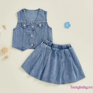 Bộ Denim bé gái Áo Vest cổ chữ V màu trơn + Váy xếp li 2 mảnh trang phục