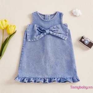 Đầm Denim không tay cổ tròn xếp nếp trang trí nơ màu trơn