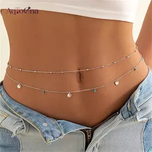 AqToCna Mùa Hè Boho Nhiều Lớp Eo Hạt Nữ Thời Trang Hình Học Kim Sa Lấp Lánh Bụng Dây Xích Cơ Thể Gợi Cảm Trang Sức AqToCna
