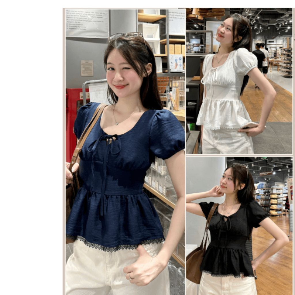 Áo Kiểu Nơ Buộc Bo Eo Tay Bồng Pha Ren A31177 Thời Trang Nữ Bigsize - SamHi Closet