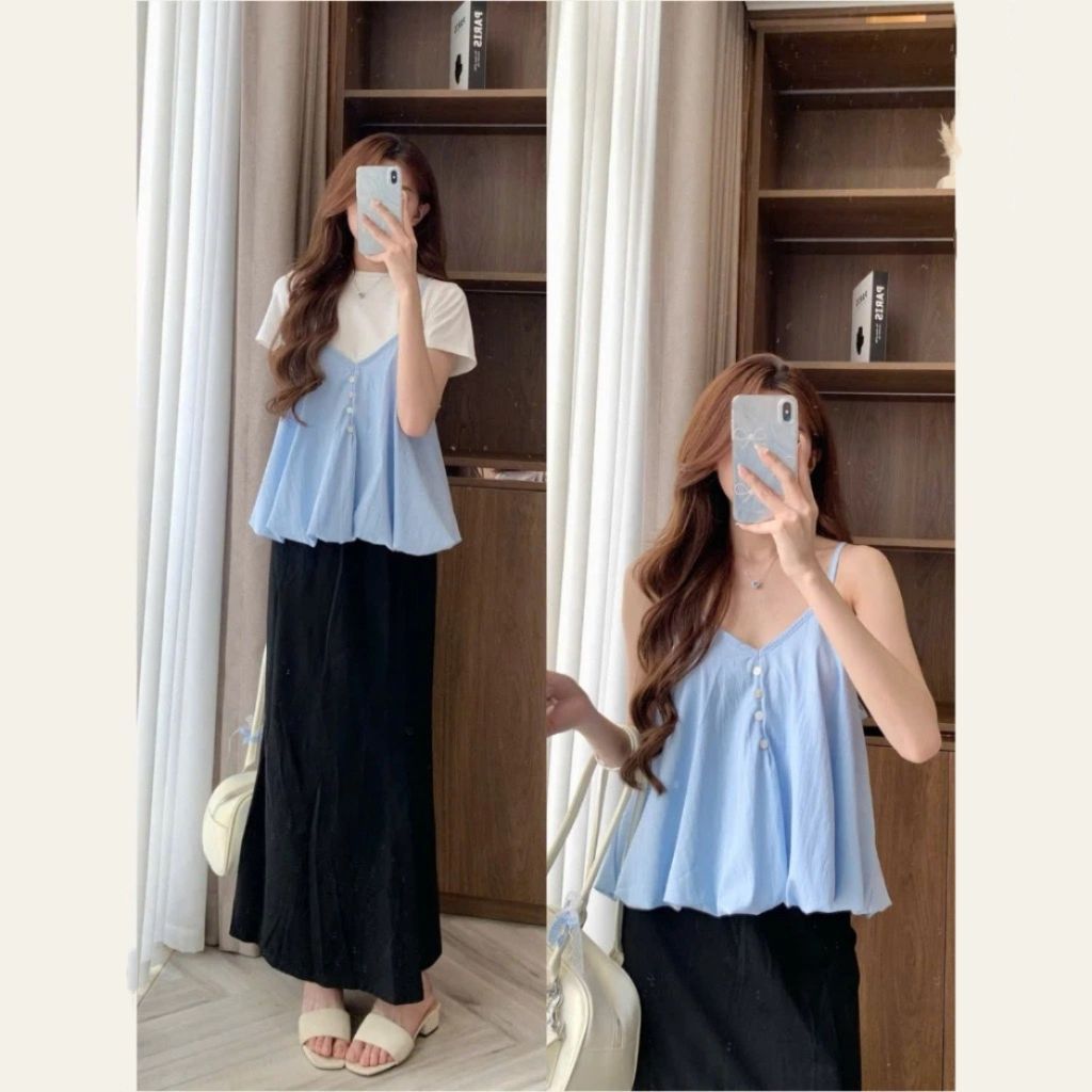 Set Yếm Nữ 2 Dây Dáng Bí Cúc Dọc Kèm Áo Thun Trơn (Có Bán Lẻ Yếm)MA3807 - SamHi Closet