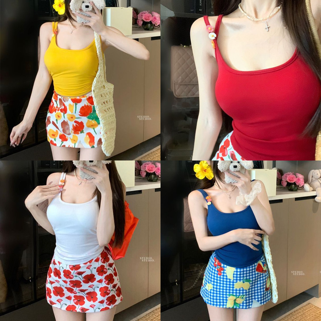 áo 2 dây Có đệm ngực Dopamine Phong cách kỳ nghỉ Váy hoa cúc Trâm cài