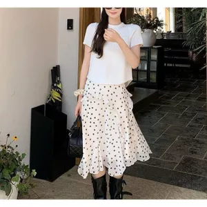 Mùa xuân hè Phong cách mới Phong cách Hàn Quốc Retro Thiết kế xù không đều Váy dài vừa phải Váy chấm bi nữ