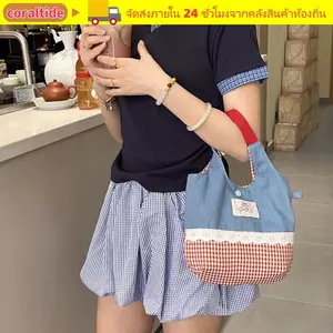 Túi xách CORALTIDE, Túi Tote vải kẻ sọc Denim, Túi đi lại ren ngọt ngào INS