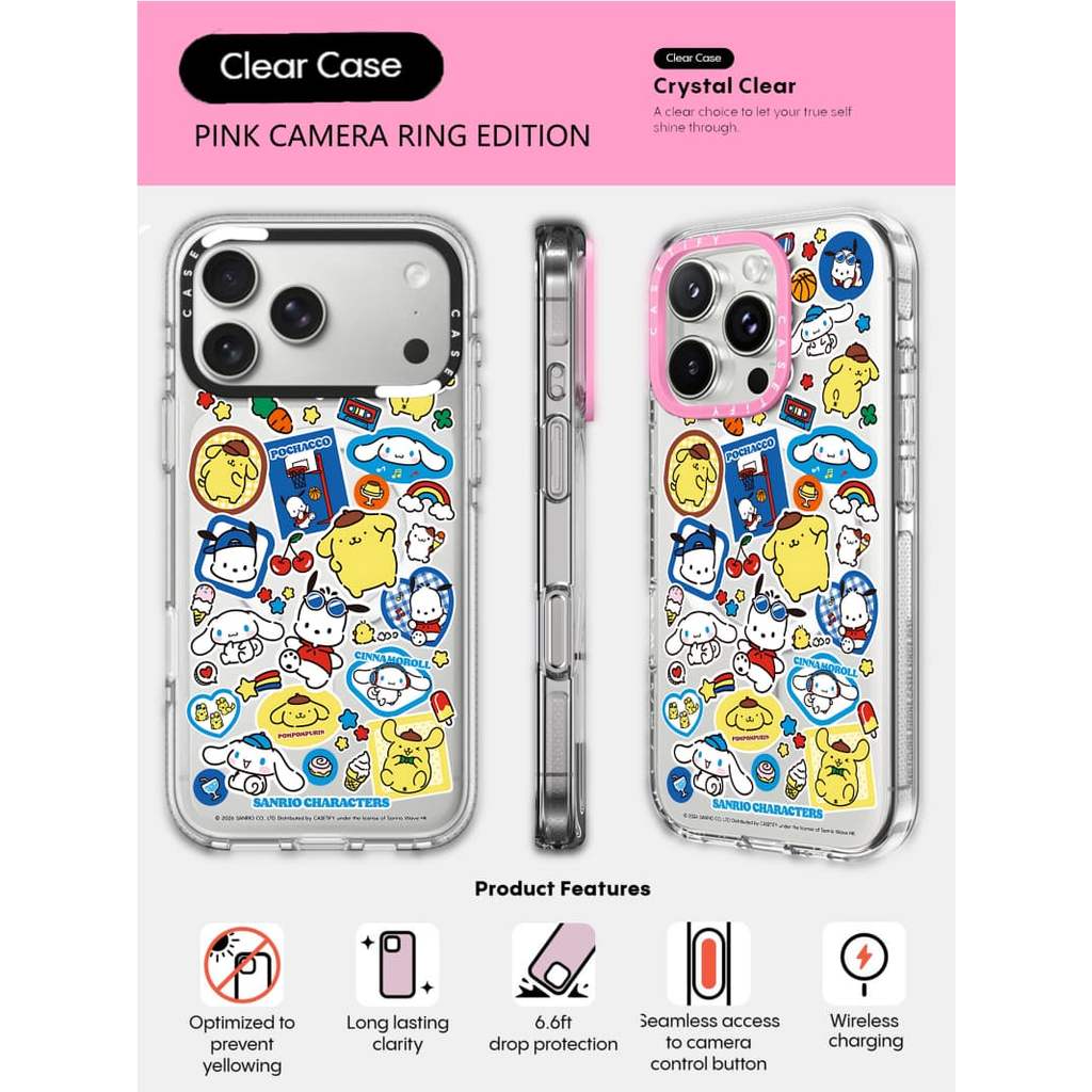 CASECASE X Sanrio Puppy Pals Sticker Mania Case HỒNG CAMERA RING EDITION Tác động Vỏ hút từ tính trong suốt cho iPhone 17 / 16 / 15 / 14 / 13 Pro Max Air với bao bì cao cấp