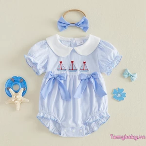 Bộ áo liền quần cho bé gái Thuyền buồm thêu cổ búp bê sọc ngắn tay Bộ đồ liền thân cho trẻ sơ sinh có băng đô