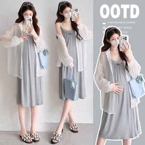 Bộ đồ bà bầu hai mảnh chống nắng mùa hè, gồm quần và váy đeo chéo