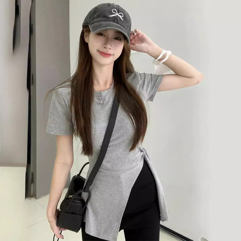 Milyfashion Gợi Cảm Tinh Khiết Desire Cao Khe Ren Áo Thun Ngắn Tay Nữ Mùa Hè Phong Cách Mới Không Đều Nghẹt Eo Ôm Hơn Nhìn Trang Trọng S