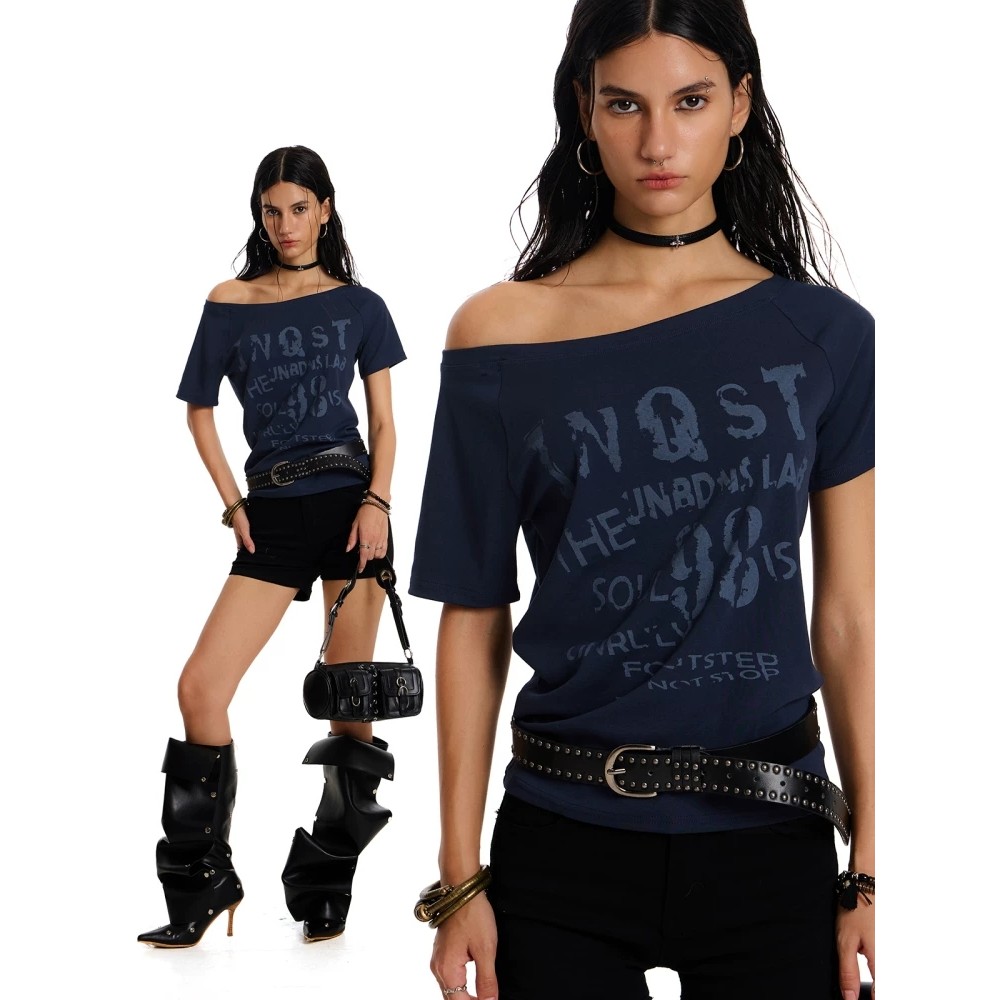 Áo Thun Ngắn Tay Retro Cay Phong Cách Y2K Punk, Thiết Kế Vai Lệch và Graffiti Mỏng Mát