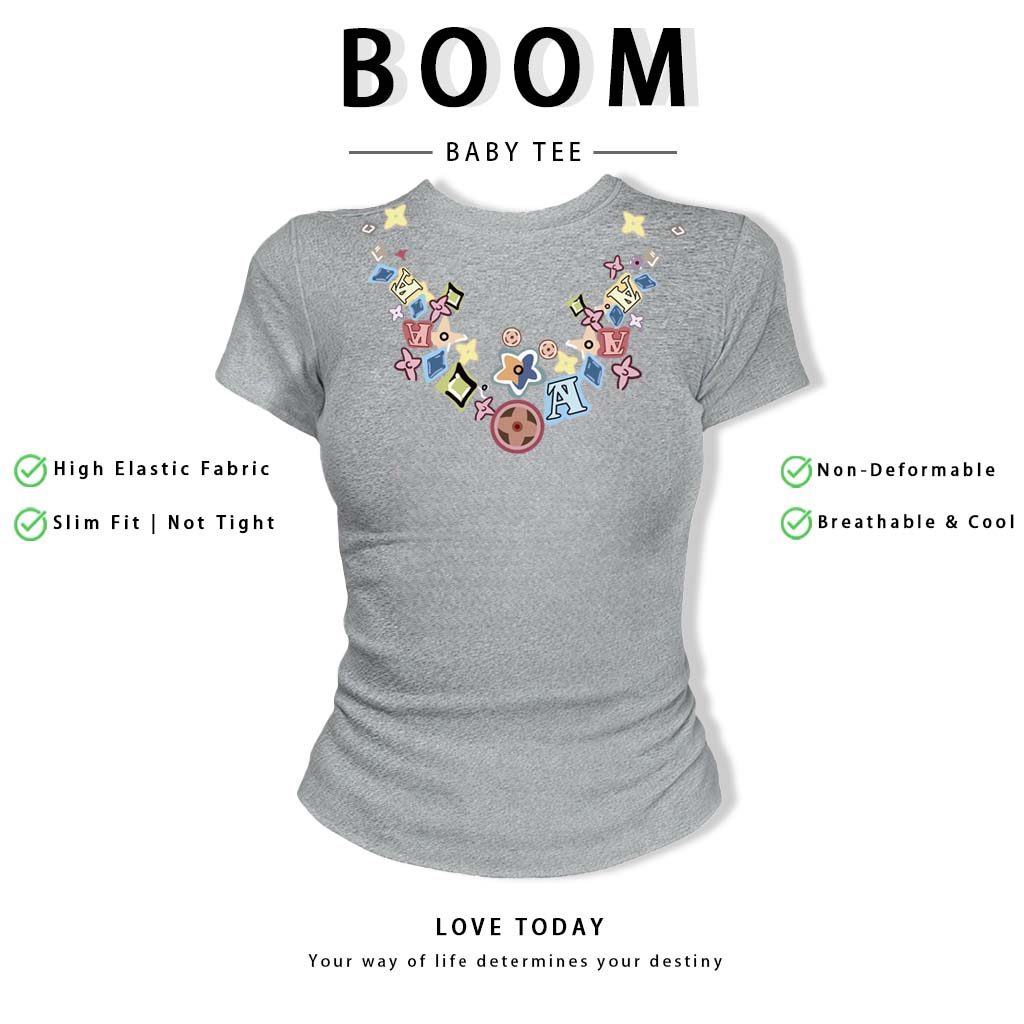 BOOM Áo Baby Tee Nữ Cotton Ôm Body-Áo Thun Ngắn Tay Y2K In Hình PhongCách Mùa Hè, Cổ Tròn Hàng Đầucách hàn quốc phongR13