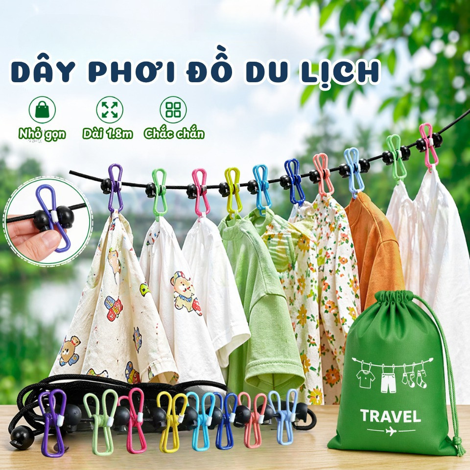 Dây Phơi Đồ Du Lịch 3.5m Co Giãn Nâng Cấp - 12 Kẹp Treo Phơi Quần Áo Di Động Chống Gió