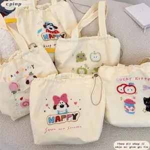 Túi xách CPINCP, Túi Tote dây rút thông thường, Túi đeo vai thêu phong cách Ins di động dễ thương