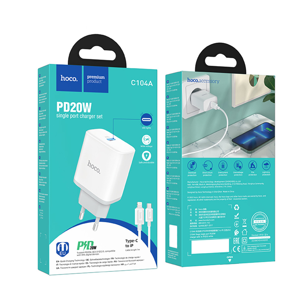 Bộ Sạc Nhanh 20W Chính Hãng Hoco C104A Có Đèn LED an toàn không nóng máy BH 6 tháng