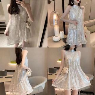 Đầm cổ tròn off-the-shoulder năm 2025 đính kim sa lấp lánh, thiết kế rộng rãi và ôm body, sang trọng không tay