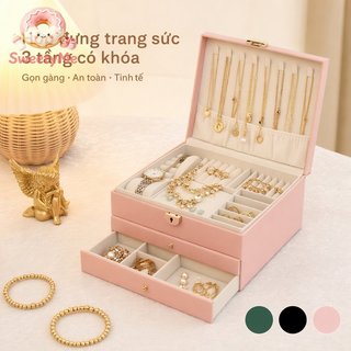 Hộp Trang Sức 3 Tầng Nhung Lót Có Thể Khóa PU Ngăn Kéo Tổ Chức Lưu Trữ Du Lịch