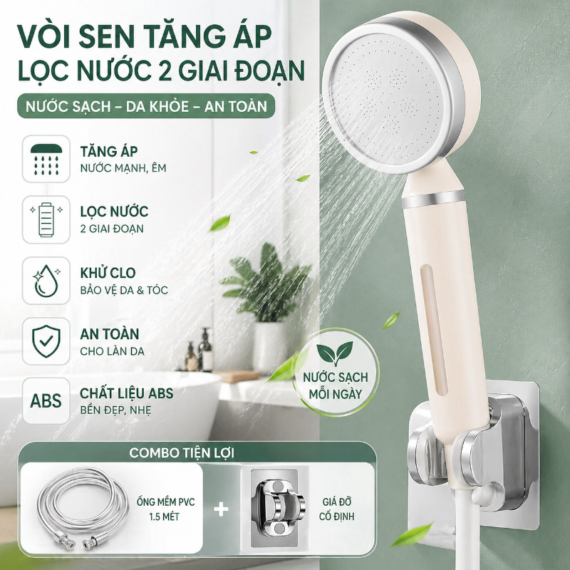 Vòi Sen Tăng áp, Lọc Nước 2 Giai đoạn, Khử Clo, An Toàn Cho Làn Da, Chất Liệu Abs Cầm Tay,đồ Dùng Phòng Tắm