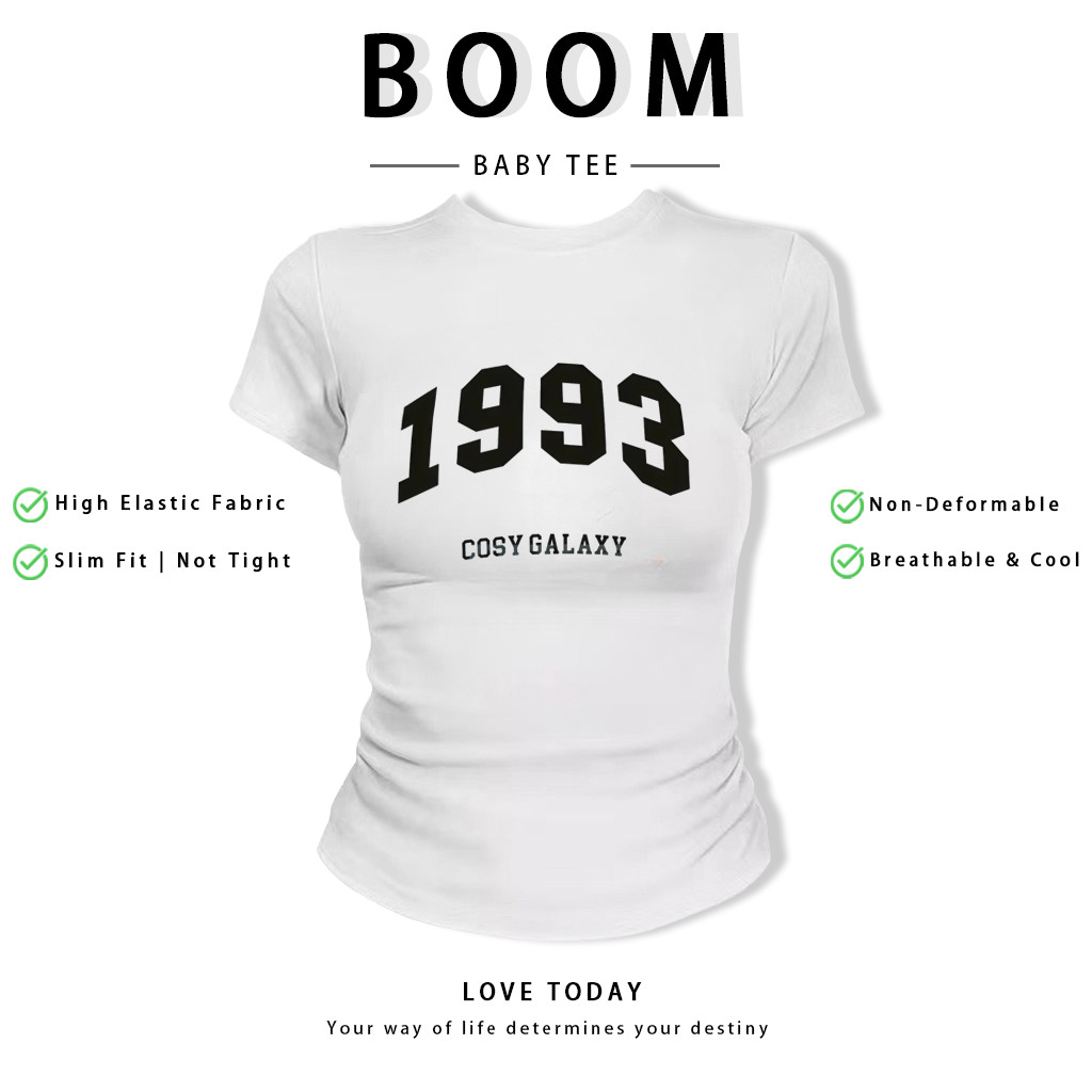 BOOM Áo Baby Tee Nữ Cotton Ôm Body-Áo Thun Ngắn Tay Y2K In Hình PhongCách Mùa Hè, Cổ Tròn Hàng Đầucách hàn quốc phongA70