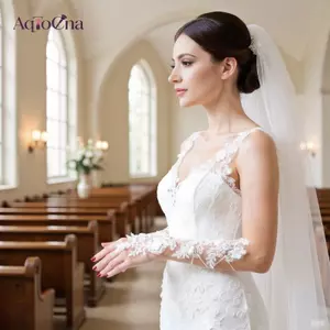 AqToCna Găng Tay Cưới Ren Ngắn Dài Cho Chụp Ảnh Cô Dâu Cầu Hôn Tiệc Tối Hoa Khăn Tay Nguồn Gốc Trung Quốc Cưới Accesso AqToCna