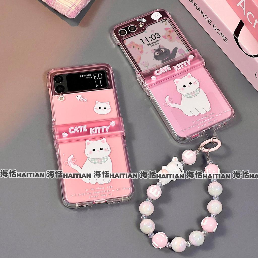 Vỏ tương thích với Samsung Galaxy ZFlip7 ZFlip6 Vỏ điện thoại hình mèo hoạt hình Bảo vệ bao gồm dây buộc và vỏ cứng gấp cũng thích hợp cho ZFlip 7 6 5 4 3 5G N3 Flip Mix Flip 2